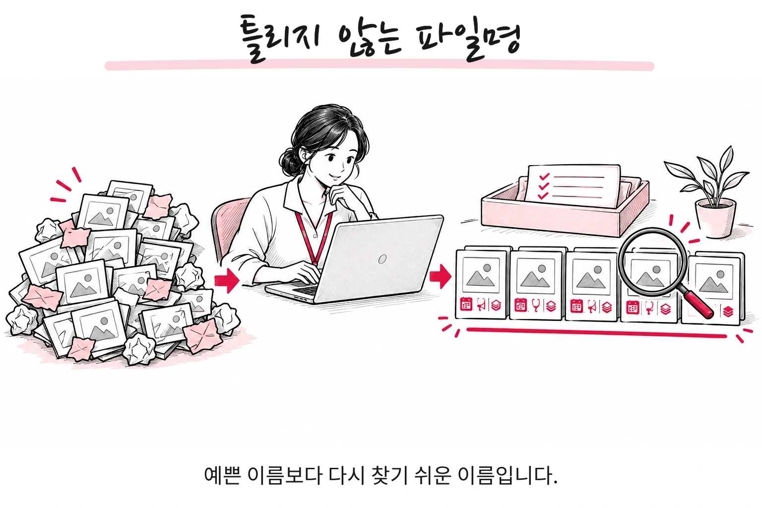 틀리지 않는 파일명. 예쁜 이름보다 다시 찾기 쉬운 이름입니다.